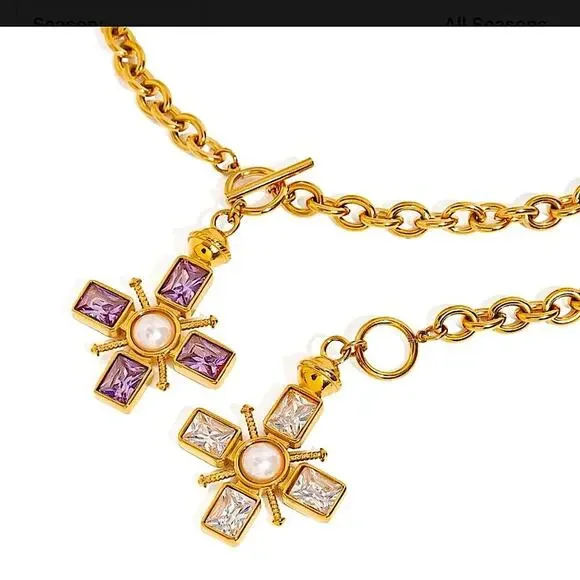 Crystal Pearl Cross Pendant Necklace Stainless Steel Gold Plated - Picture 6 of 9
